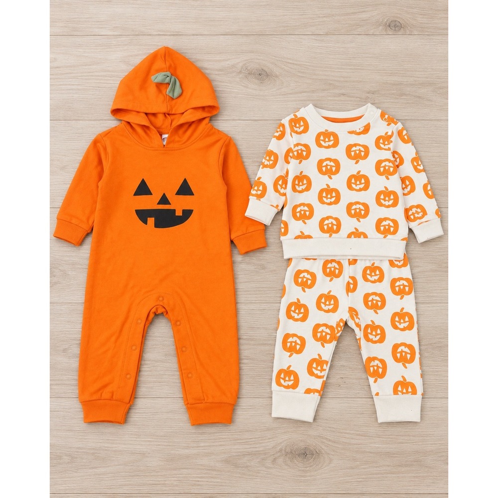 Cat & Jack Baby Halloween Pumpkin Romper & 2pc Sweatshirt Set 3-6M NWT Bundle